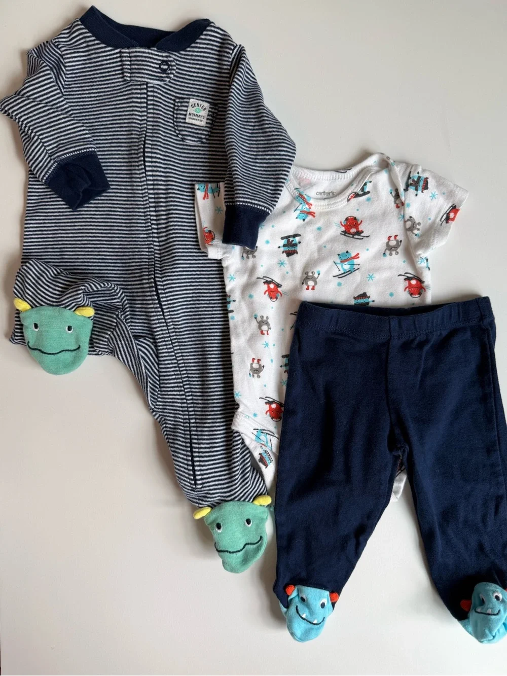 3/$15 | Carter's Navy Striped Footie, Printed White Bodysuit & Navy Pants Set
